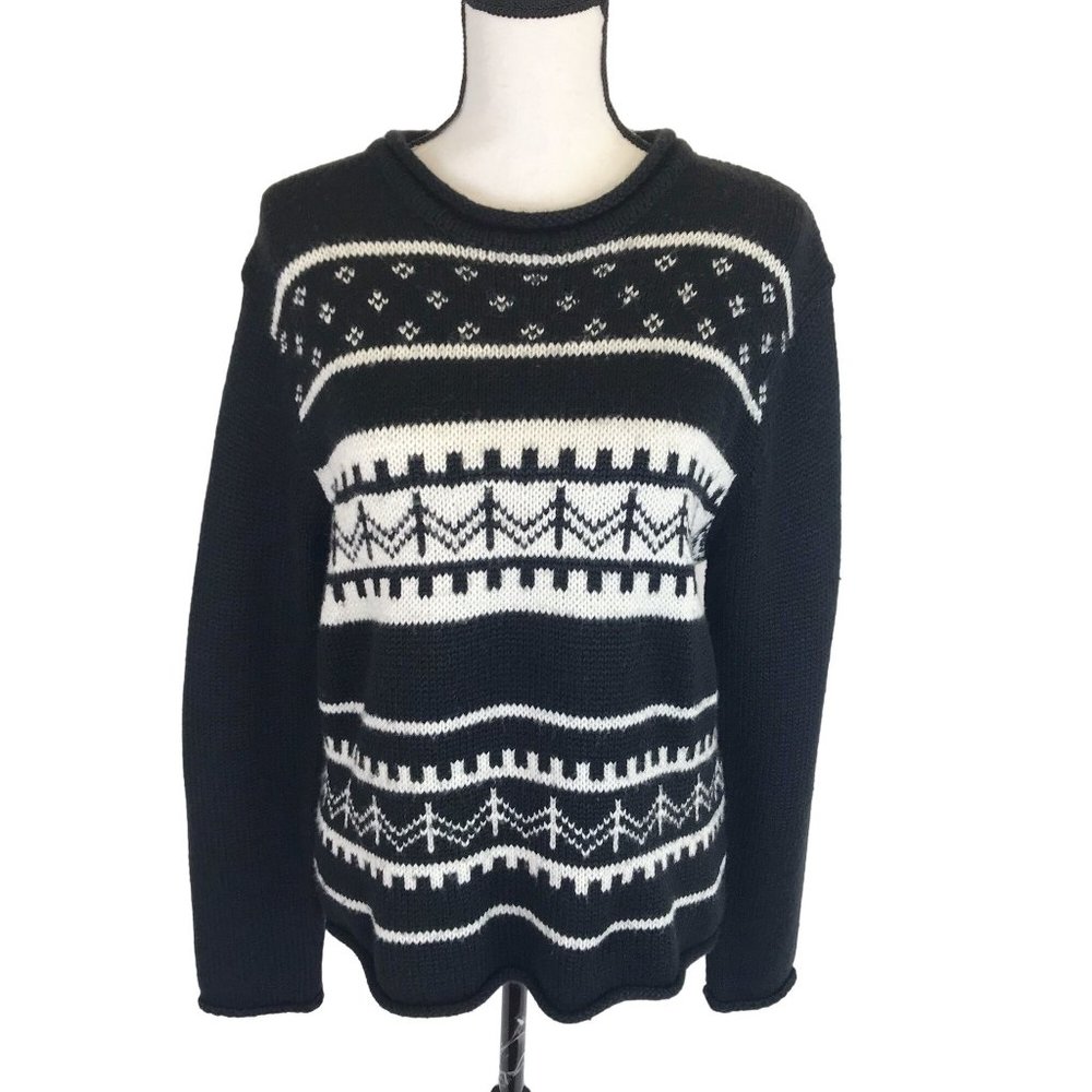 Womens Black White Chunky Aztec Print Long Sleeve Crew Neck Sweater Size L